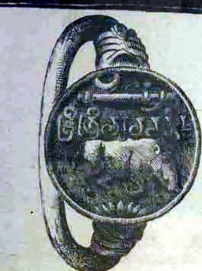 Engraving of a round seal on its ring: a crescent and an elephant goad at the top, a line of letters across the middle, a boar walking below and a lotus at the bottom.