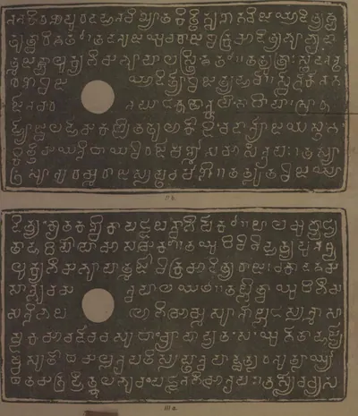 Ink impressions of two inscribed copper plates, the letters of the Telugu-Kannada script showing pale on a dark ground, each plate with a round ring hole near the left edge.