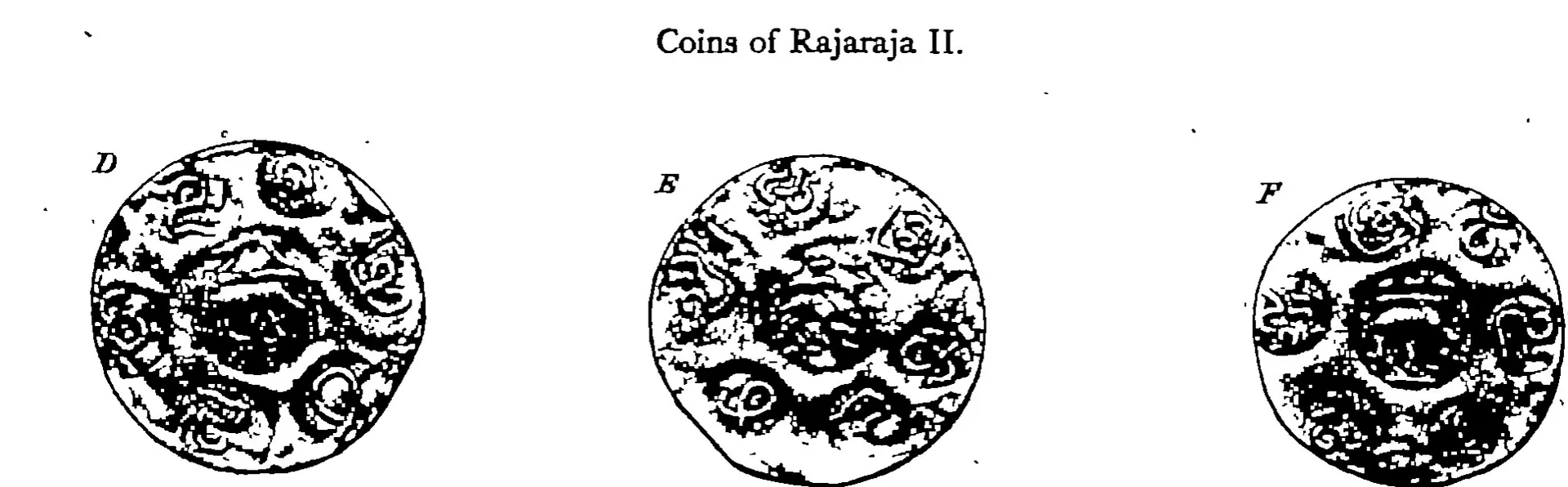Drawings of three round gold coins in a row, labelled D, E and F, each covered with small round punch-marks of letters and emblems.