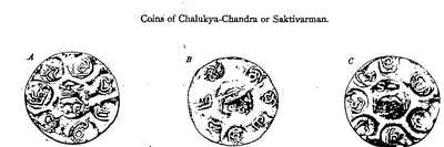 Drawings of three round gold coins in a row, labelled A, B and C, each covered with small round punch-marks of letters and emblems arranged around a central mark.
