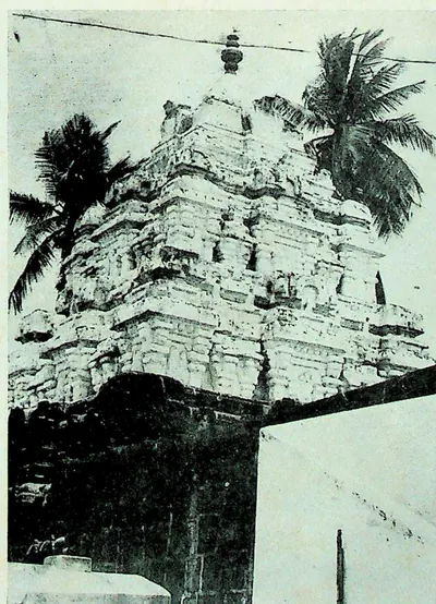 The tiered stone tower of a shrine, its storeys crowded with carved niches and miniature roofs, rising behind a dark flat-roofed porch, with coconut palms and an overhead wire behind.