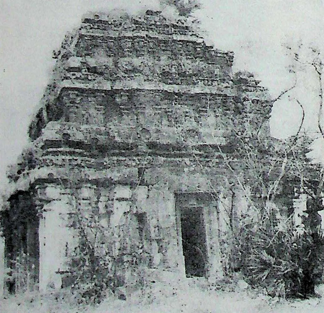 A ruined small stone temple with a crumbling stepped tower, a dark doorway and shrubs and creepers growing over it.