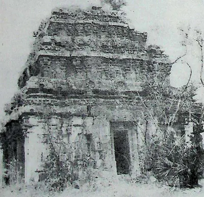 A ruined small stone temple with a crumbling stepped tower, a dark doorway and shrubs and creepers growing over it.