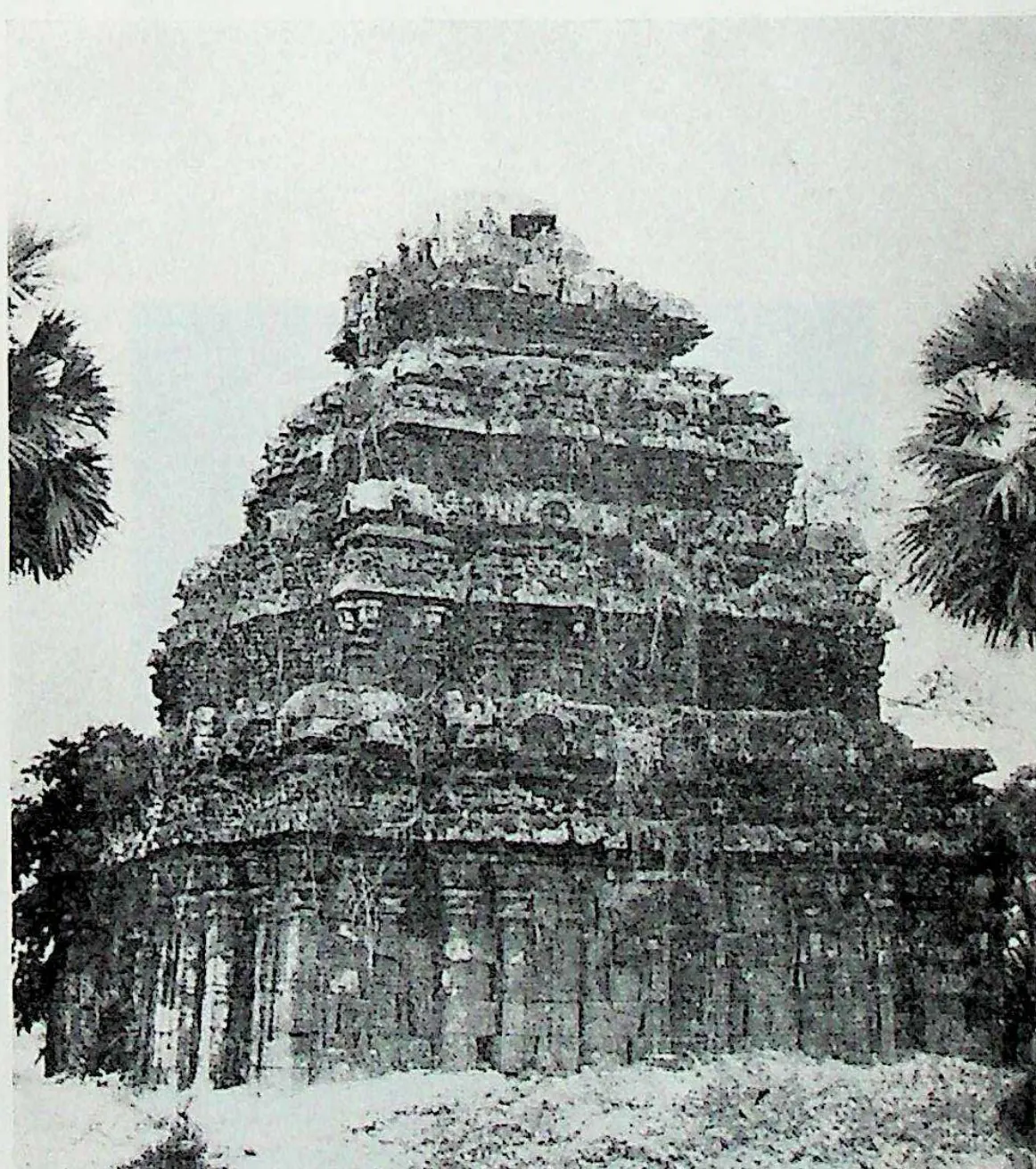 A small stone temple with a heavy, weathered pyramidal tower of several tiers, standing in scrub with palms behind.