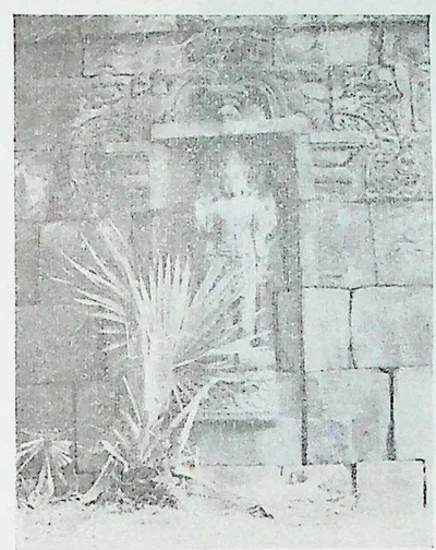 A pale, worn wall niche with a standing figure identified as Vishnu, partly hidden by a fan-palm plant growing in front.