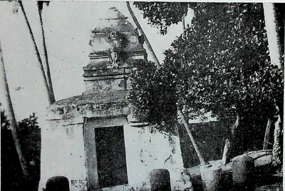 A small whitewashed shrine with a dark doorway and a low tower, shaded by trees and palm trunks.