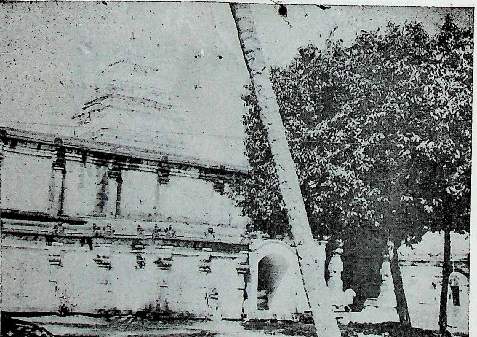 The long two-storeyed wall of the inner enclosure with a small entrance, a palm trunk and leafy trees in front.