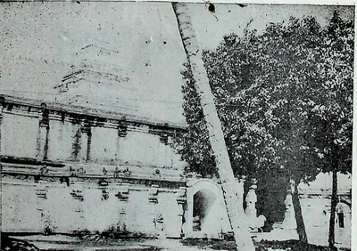 The long two-storeyed wall of the inner enclosure with a small entrance, a palm trunk and leafy trees in front.