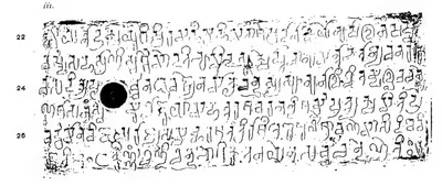 Photo-lithograph of one copper-plate face, printed sideways and turned upright here: six or seven lines of small, closely written Kalinga-script letters, a black ring-hole near the left, line numbers in the left margin.