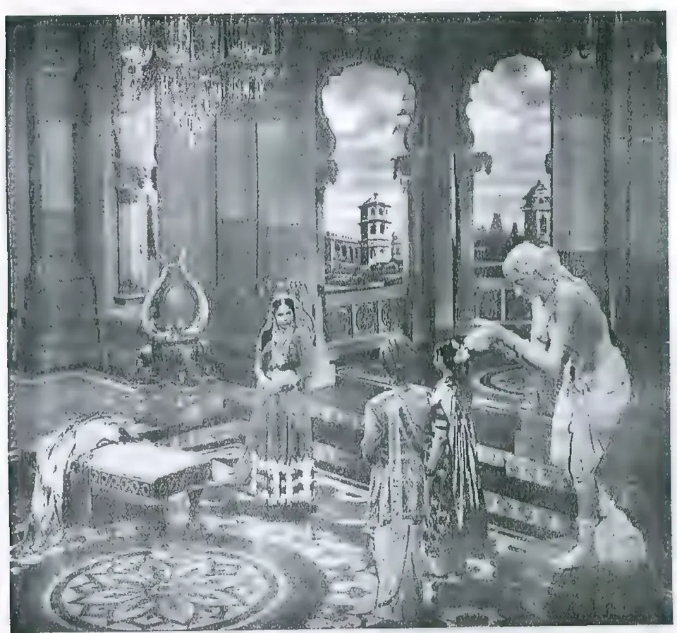 Black-and-white film still of a marble palace hall with arched windows and a patterned floor; a woman stands by a couch while an older man touches the head of a girl.