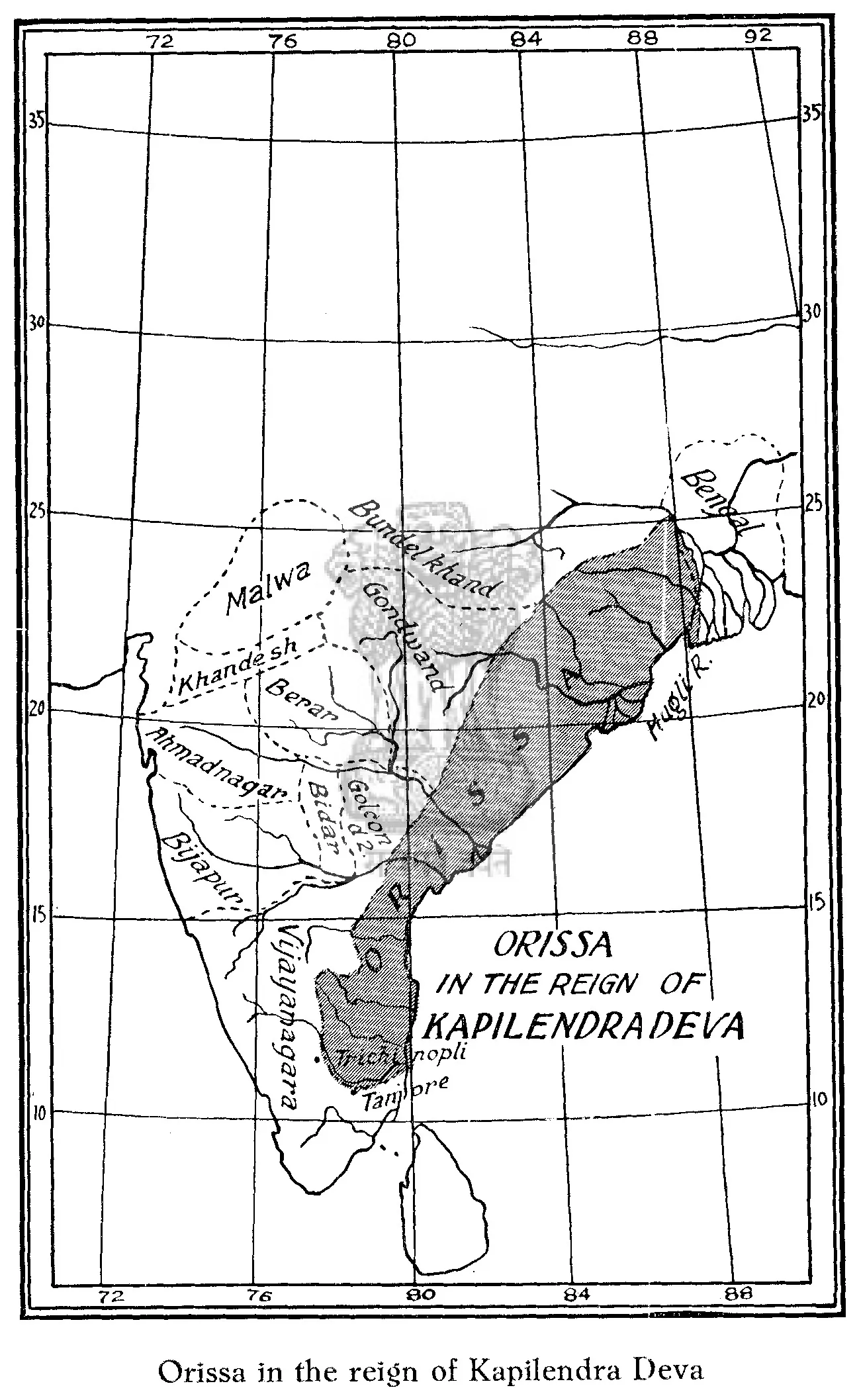 Printed outline map of eastern and southern India with a graticule; a shaded band runs down the east coast from Bengal past the Godavari and Krishna to the Kaveri, lettered "Orissa in the reign of Kapilendradeva", with neighbouring kingdoms named in italic.
