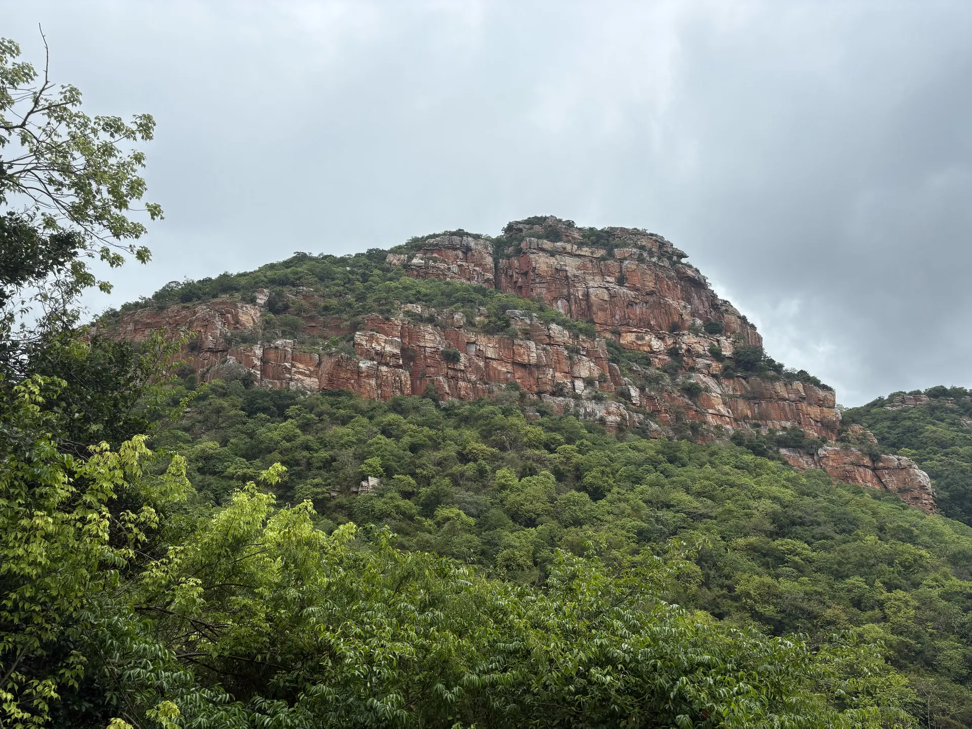 A steep wooded hill rising to bare reddish cliffs under a cloudy sky.