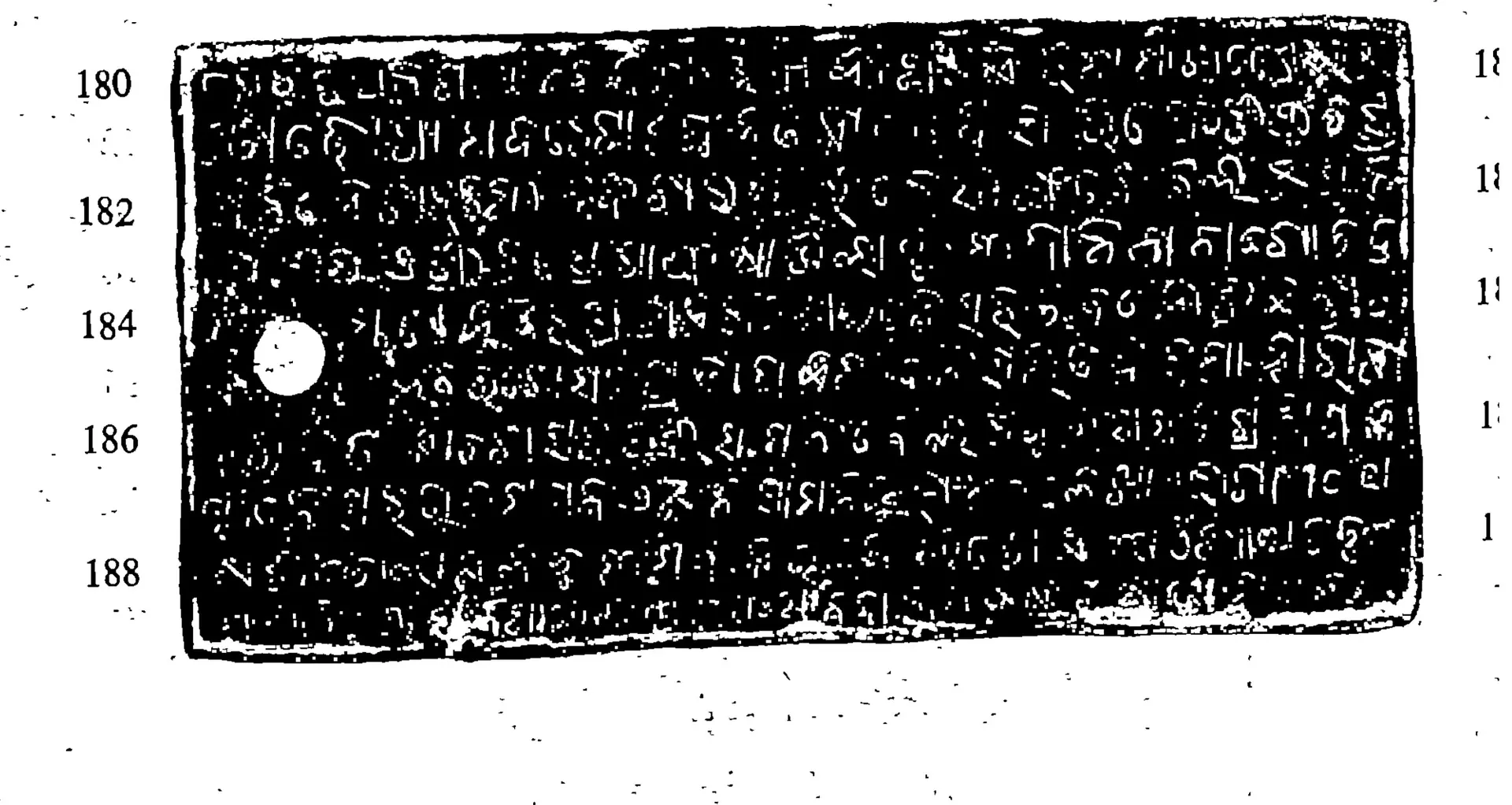 Halftone of a copper-plate face with nine lines of rounded Oriya letters, white on black, a ring-hole at the left and line numbers 180 to 188 in the margin.