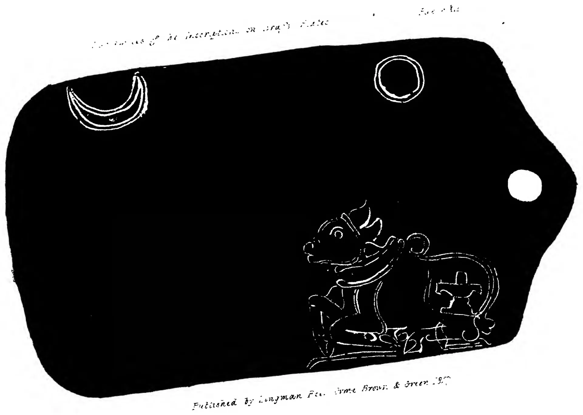 Lithograph of the black outline of a copper plate with a ring-hole tab at the right; a crescent and a circle near the top and a couchant bull beside a linga on a stand at the lower right, drawn in white lines.