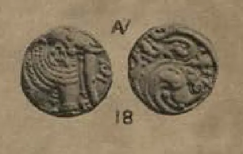 Photograph of the two sides of a small gold coin: a standing elephant on one, a dense scroll pattern on the other, with the plate number 18 below.