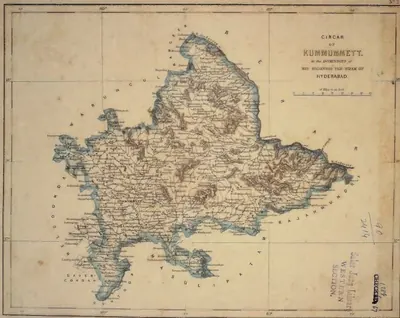 Hand-coloured nineteenth-century map of a district outlined in blue, densely lettered with village names and hill shading, bounded by the Godavari on the north-east; a title cartouche at the upper right and library stamps at the lower right.