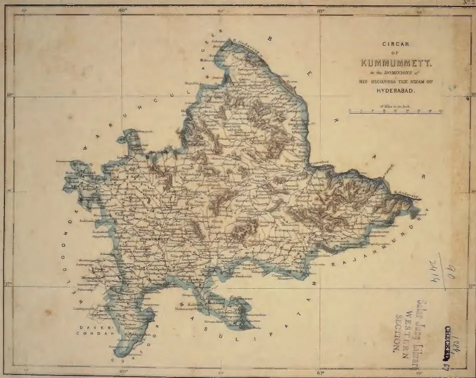 Hand-coloured nineteenth-century map of a district outlined in blue, densely lettered with village names and hill shading, bounded by the Godavari on the north-east; a title cartouche at the upper right and library stamps at the lower right.