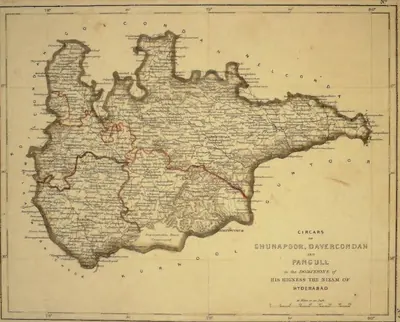 Hand-coloured map of a broad tract south of Golconda and north of the Krishna, with red boundary lines between its parts, village names throughout and an "impracticable tract, unsurveyed" in the south; title cartouche at the lower right.