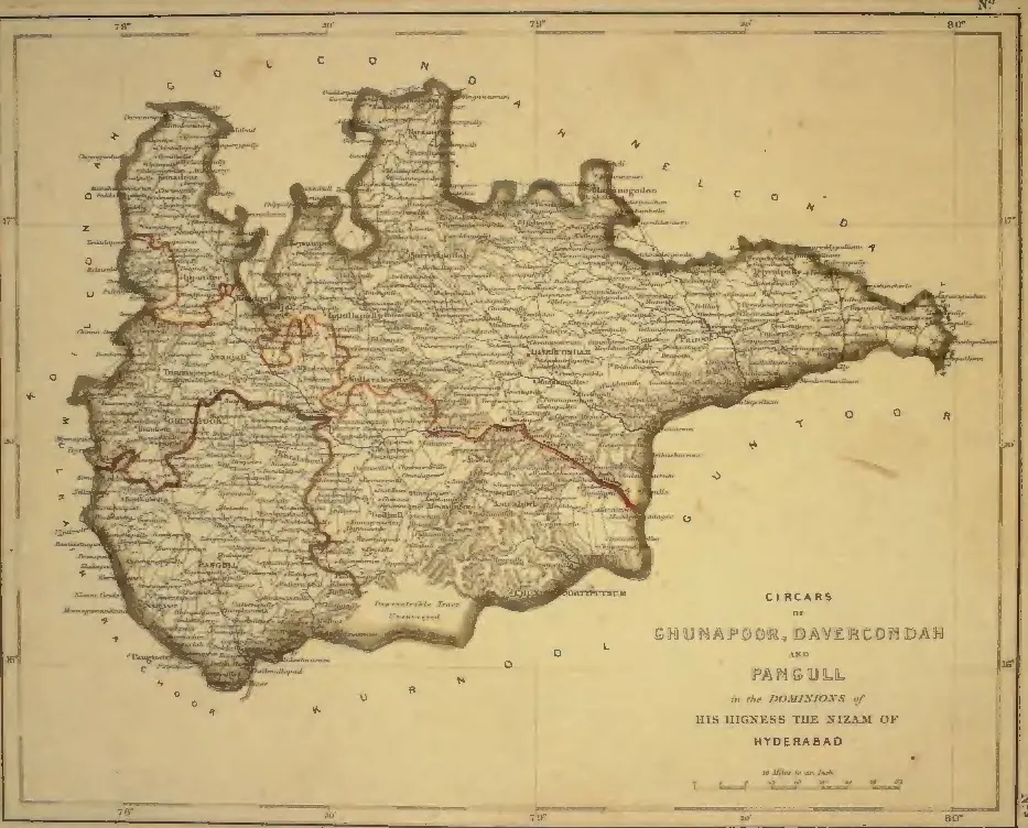 Hand-coloured map of a broad tract south of Golconda and north of the Krishna, with red boundary lines between its parts, village names throughout and an "impracticable tract, unsurveyed" in the south; title cartouche at the lower right.