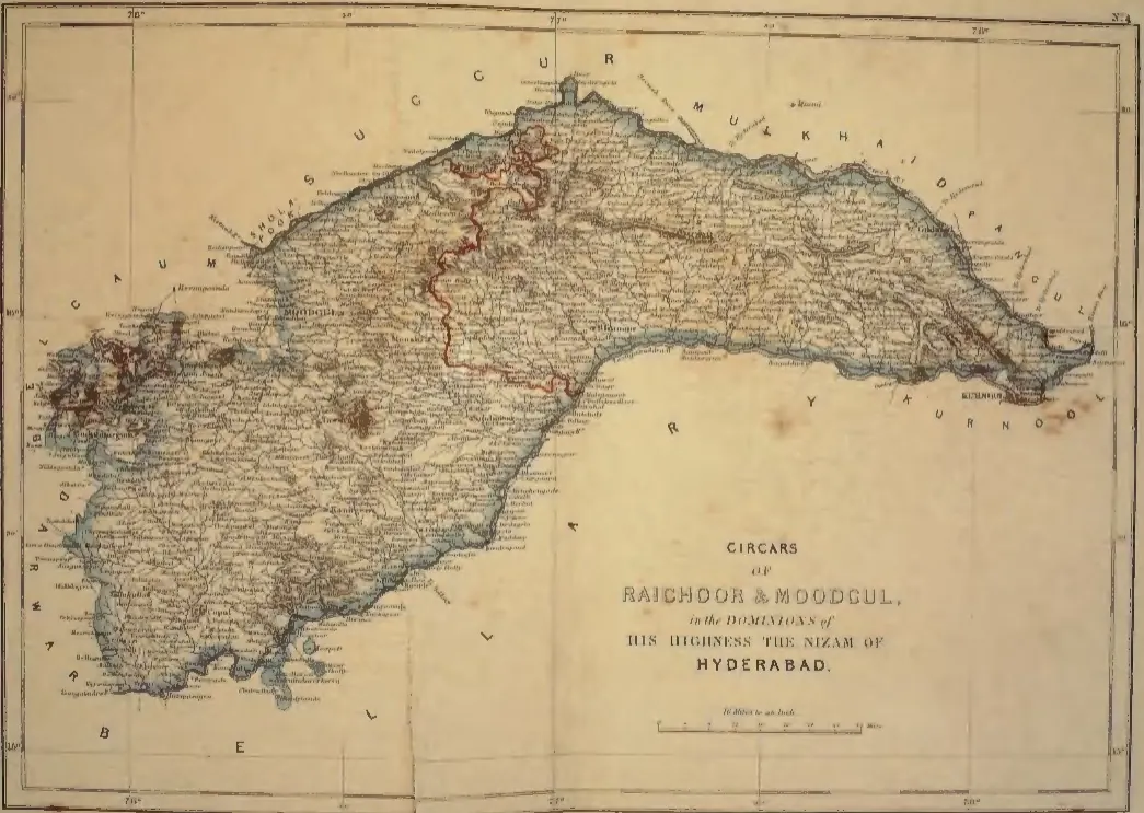 Hand-coloured map of a long curved tract between two rivers, from Moodgul in the west to the confluence opposite Kurnool in the east, with a red internal boundary and a title cartouche in the lower right.