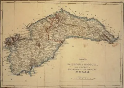 Hand-coloured map of a long curved tract between two rivers, from Moodgul in the west to the confluence opposite Kurnool in the east, with a red internal boundary and a title cartouche in the lower right.