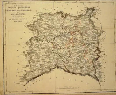 Hand-coloured map of a large square tract bounded by the Krishna and Bhima on the south, with orange and red internal boundaries and village names throughout; title cartouche at the upper left (the scan page is printed upside down and has been turned).