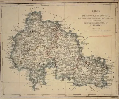 Hand-coloured map of the country round Hyderabad, with Golconda and Hyderabad marked near the centre, Bhongir to the east, red and yellow internal boundaries and a red stamp "Nawab Salar Jung Bahadur" below the title cartouche at the upper right.