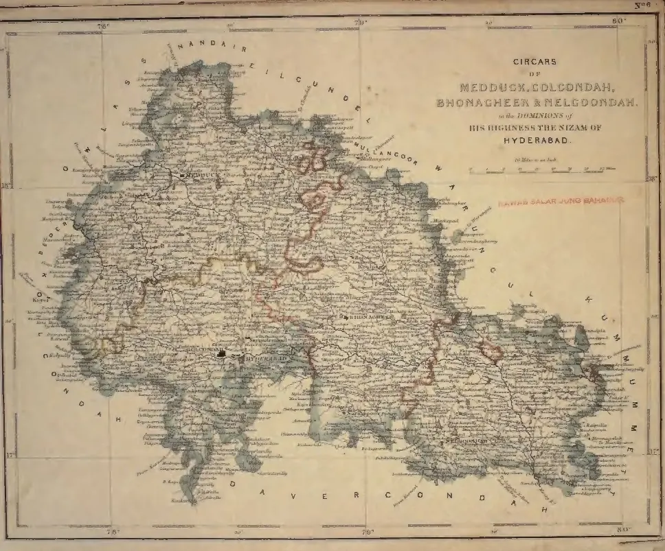 Hand-coloured map of the country round Hyderabad, with Golconda and Hyderabad marked near the centre, Bhongir to the east, red and yellow internal boundaries and a red stamp "Nawab Salar Jung Bahadur" below the title cartouche at the upper right.