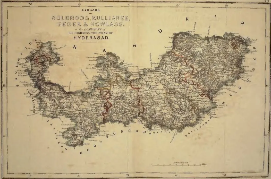 Hand-coloured map of a long east-west tract with Bidar in its eastern part, dark hill shading along its edges, red internal boundaries and a title cartouche at the upper left.