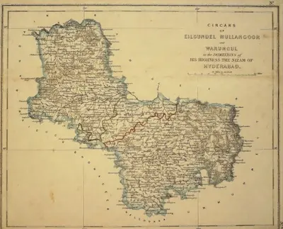 Hand-coloured map of north-eastern Telangana between the Godavari and the Kummumett circar, with Eilgundel, Mullangoor and Warungul marked, a red boundary line across the middle and a title cartouche at the upper right.