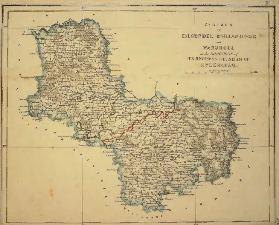 Hand-coloured map of north-eastern Telangana between the Godavari and the Kummumett circar, with Eilgundel, Mullangoor and Warungul marked, a red boundary line across the middle and a title cartouche at the upper right.