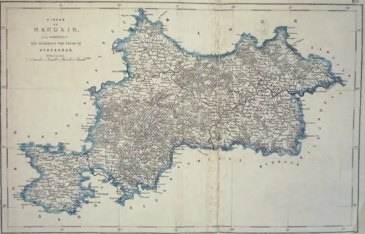 Hand-coloured map of a wide district edged in blue, with Nandair near the middle, dense village lettering and hill shading, and a title cartouche at the upper left.