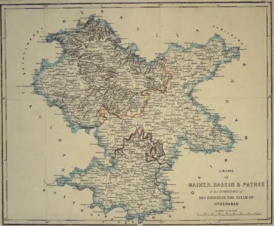 Hand-coloured map of a tract edged in blue with red internal boundaries, Maiker, Bassim and Patree marked, and a title cartouche at the lower right.