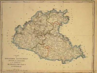 Hand-coloured map of the north-western part of the Nizam's dominions, with Dowlutabad, Aurungabad, Jaulnah and Pyton marked, green and orange boundary lines and a title cartouche at the lower left.