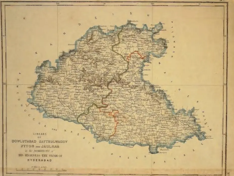 Hand-coloured map of the north-western part of the Nizam's dominions, with Dowlutabad, Aurungabad, Jaulnah and Pyton marked, green and orange boundary lines and a title cartouche at the lower left.