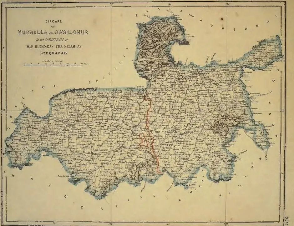 Hand-coloured map of a wide tract with a hilly northern projection, a red internal boundary, village names throughout and a title cartouche at the upper left.