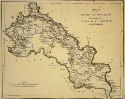 Hand-coloured map of a narrow tract running from Mahoor in the north-west to the Godavari near Chinnoor and Sironcha in the south-east, with a red boundary line, a scale and the note "These two Circars have not been surveyed"; title cartouche at the upper right.