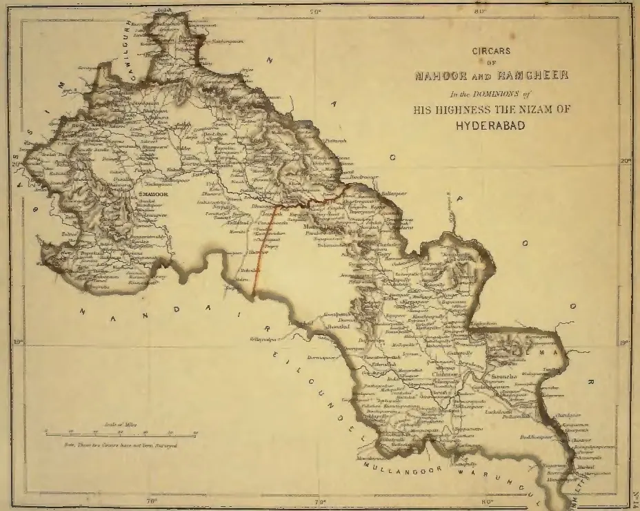 Hand-coloured map of a narrow tract running from Mahoor in the north-west to the Godavari near Chinnoor and Sironcha in the south-east, with a red boundary line, a scale and the note "These two Circars have not been surveyed"; title cartouche at the upper right.