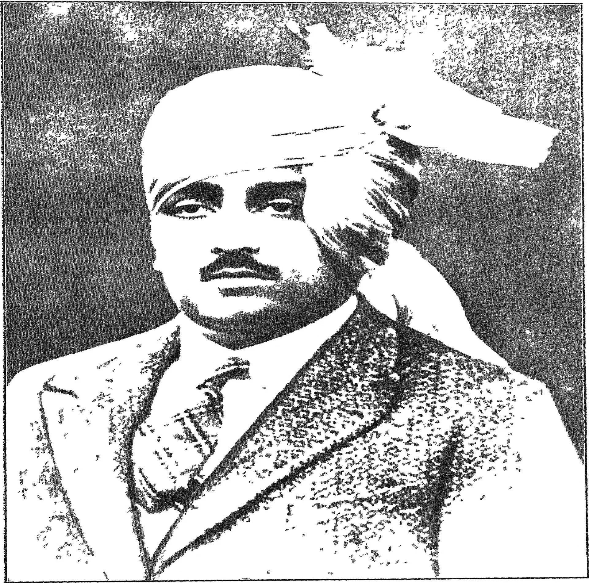 Old halftone head-and-shoulders photograph of a young man with a moustache in a white turban with a long plume, a dark jacket and a striped tie.