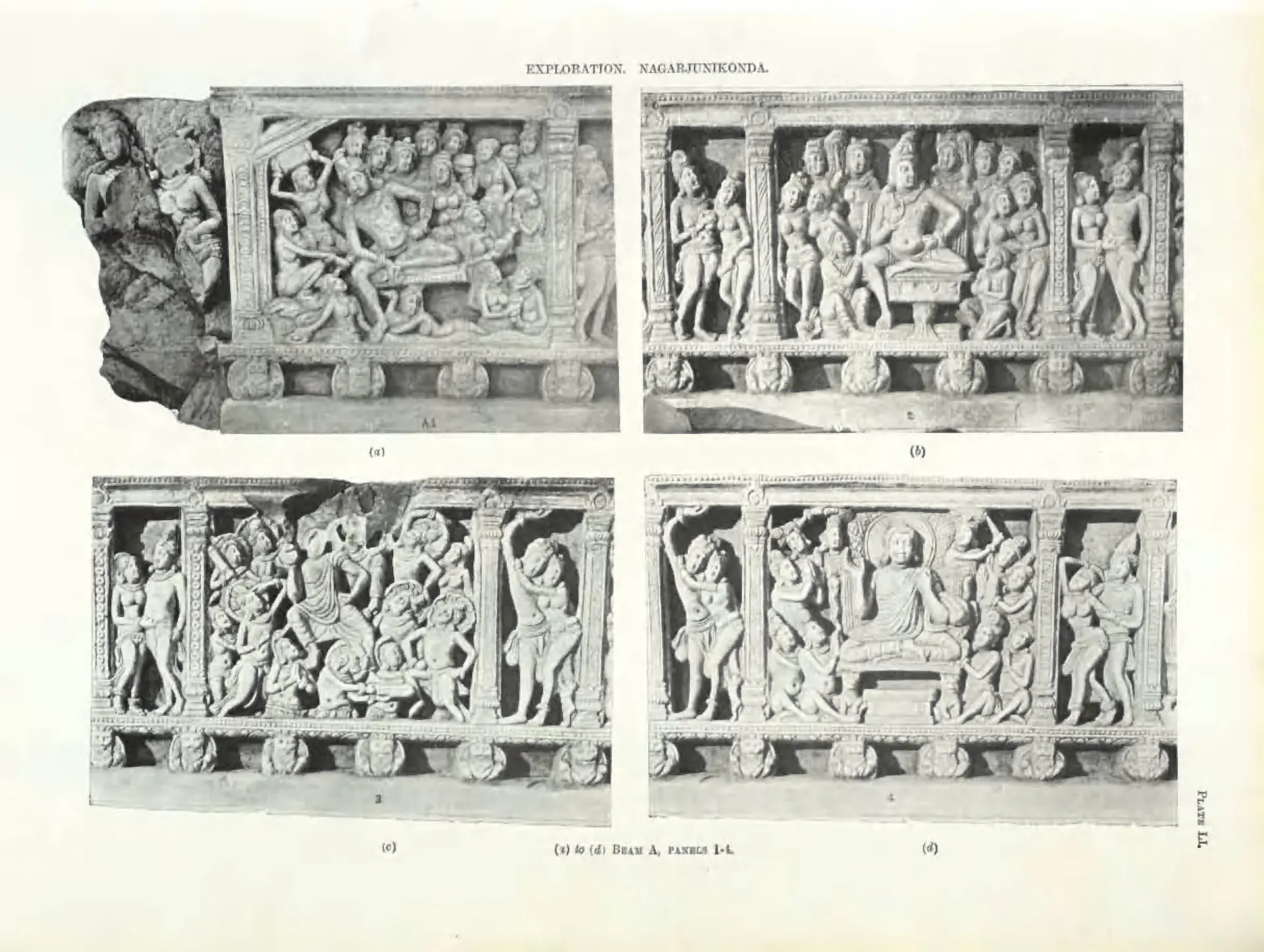 Four photographs of long limestone panels carved in fine relief with crowded scenes of figures between small pilasters, with moulded bands above and below.