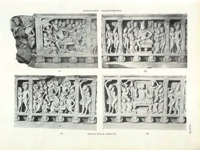 Four photographs of long limestone panels carved in fine relief with crowded scenes of figures between small pilasters, with moulded bands above and below.