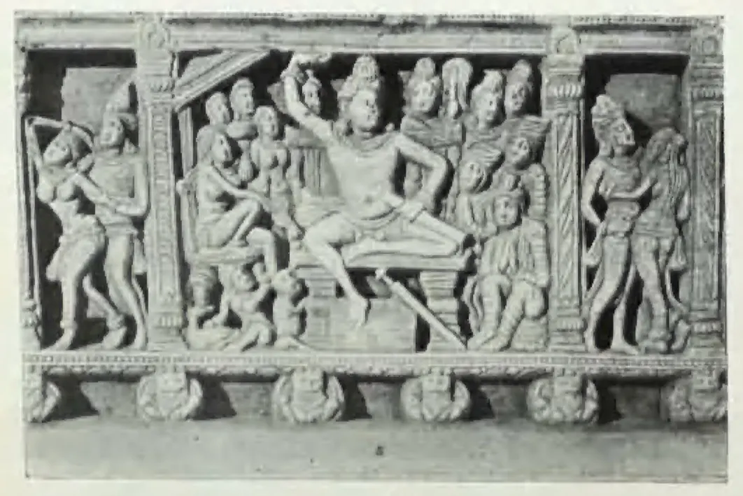 Carved railing-beam panel: crowded figures in framed compartments under a row of small heads.