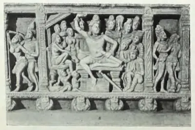Carved railing-beam panel: crowded figures in framed compartments under a row of small heads.