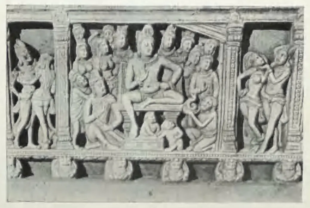 Carved railing-beam panel: a seated figure among a crowd, in a frame between pilasters.