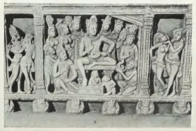 Carved railing-beam panel: a seated figure among a crowd, in a frame between pilasters.