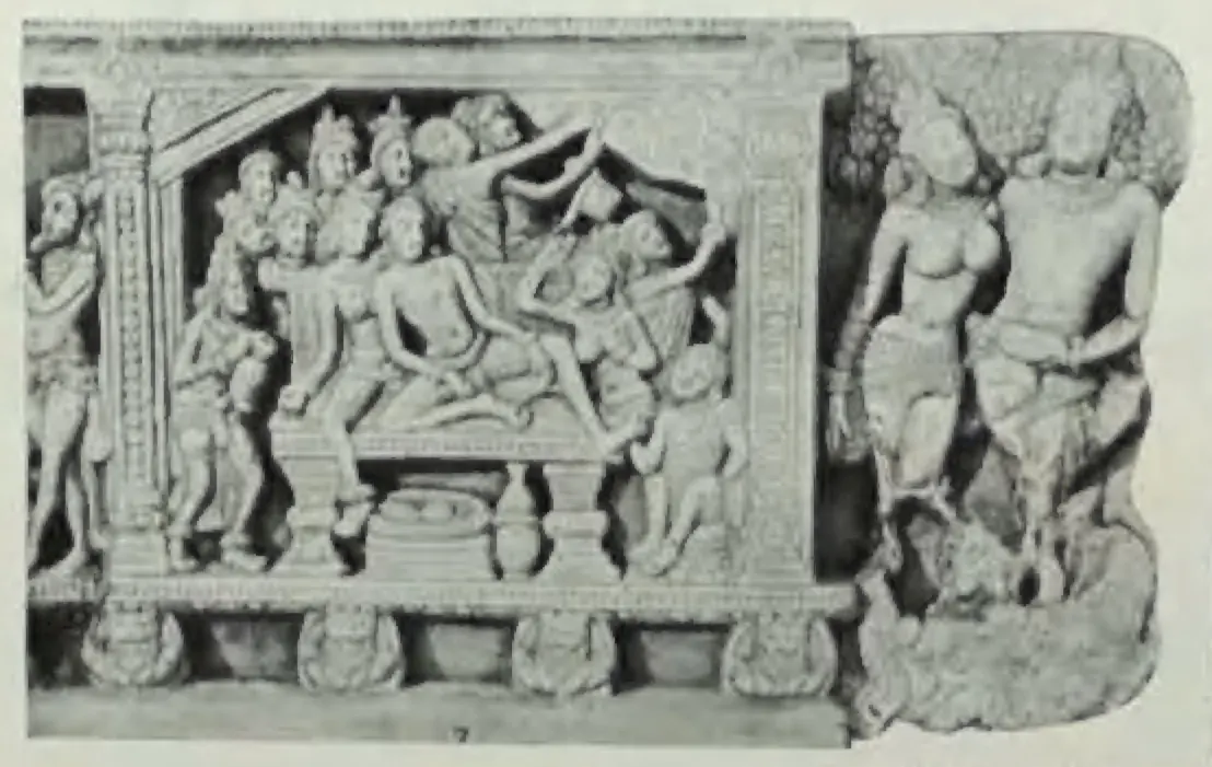 Carved railing-beam panel: groups of figures between carved pilasters under a row of small heads.