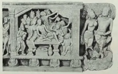 Carved railing-beam panel: groups of figures between carved pilasters under a row of small heads.