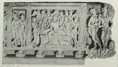 Broken end panel of a carved railing beam, with standing figures beside a framed scene.