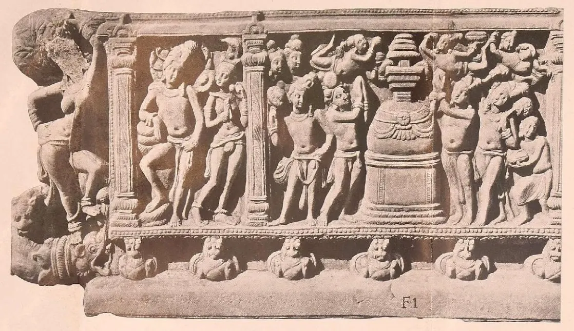 Carved frieze panel with a stupa and worshippers between pilasters, above a row of small heads.