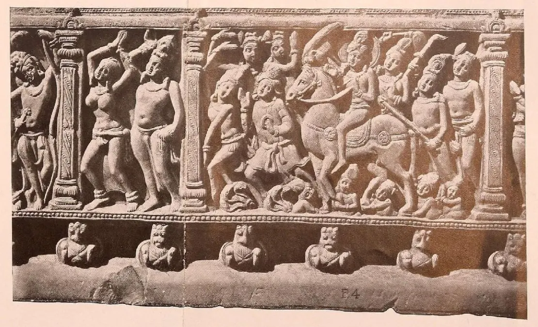 Carved frieze panel with a prince riding a horse in a crowd.